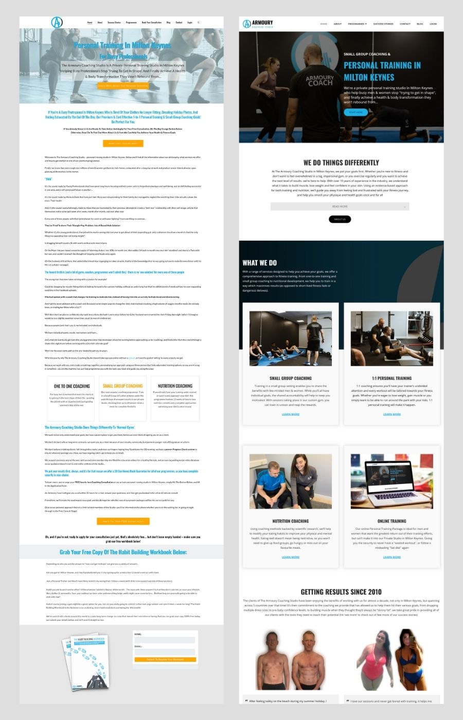 Armoury Coaching Studio website before and after