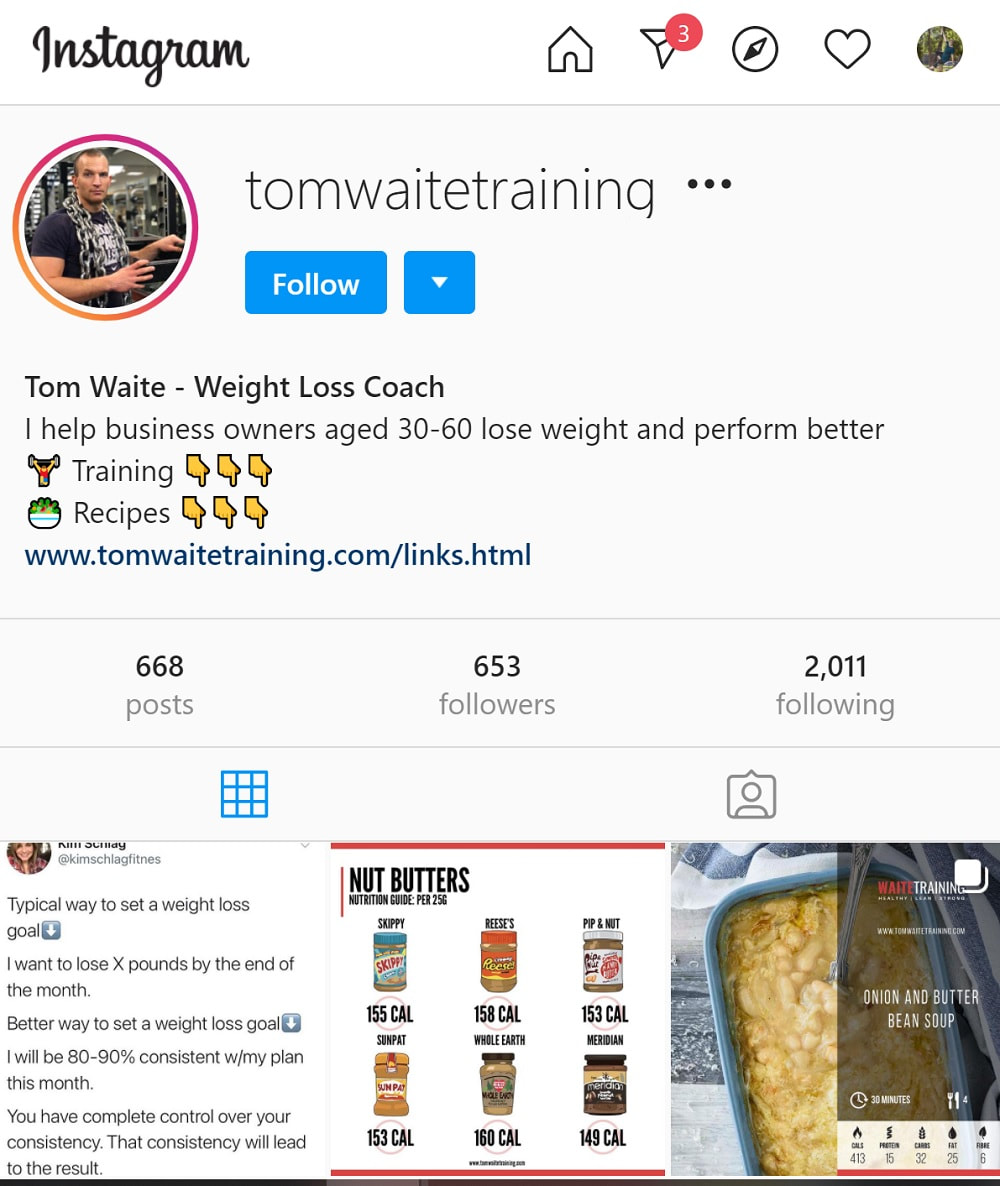 personal trainer website promoted on Instagram