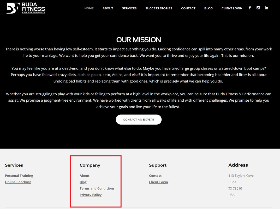 fitness website footer key pages