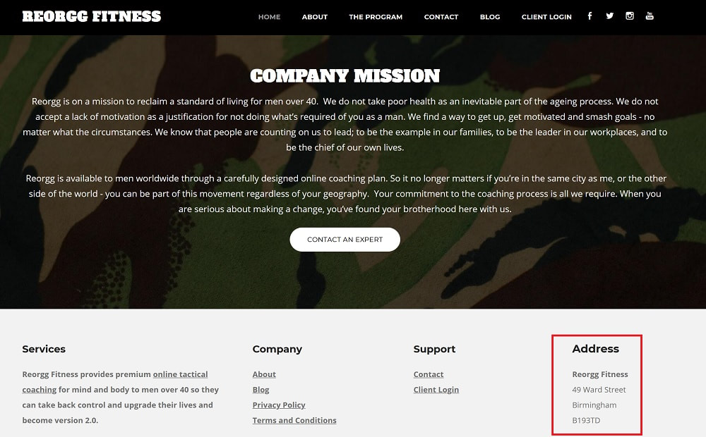 fitness business address in website footer credibility
